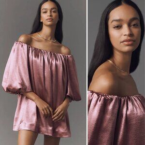 NWT Anthropologie Mare Mare Off The Shoulder Puff-Sleeve Shine Mini Dress Pink